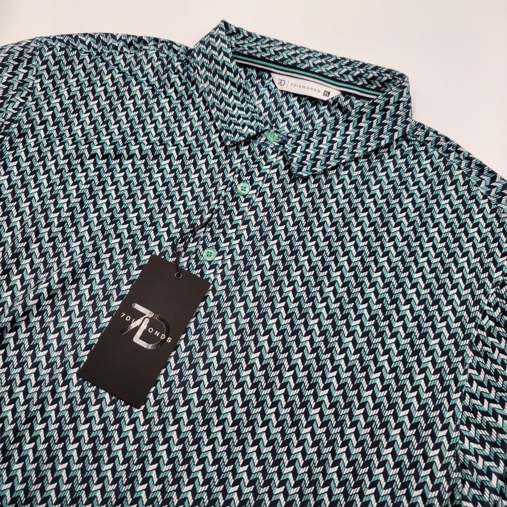 7Diamonds Lima Navy Teal Geometric 4-Way Stretch Golf Polo Shirt Mens XL